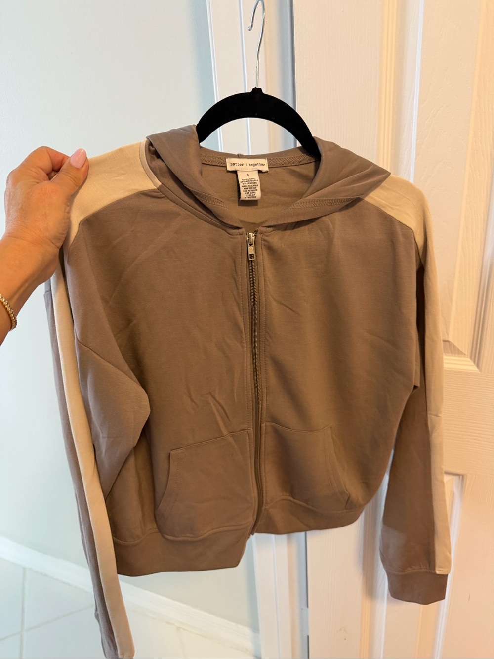 Better Together Two tone Heather Taupe Zip Hoodie with Cream Stripe